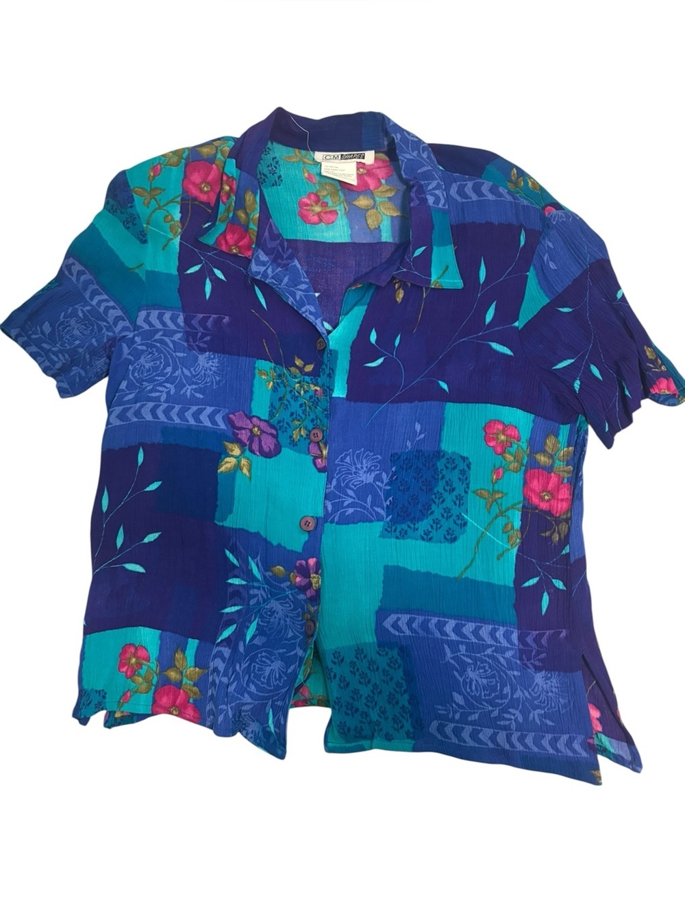 Vintage 90s Colorful Floral Short Sleeve Button Down Blouse